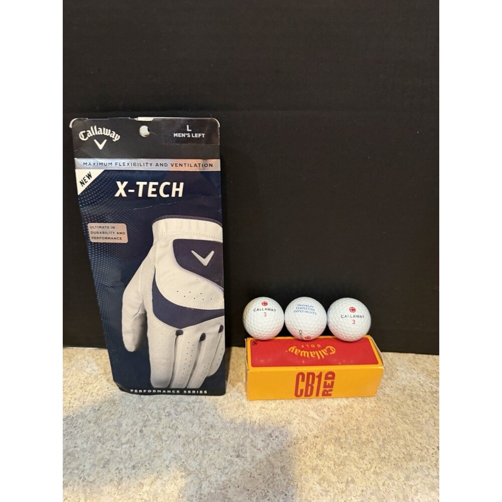 Callaway Golf Bundle X-Tech Glove Mens Left Large + 2 Sleeves CB1 Red Golf Balls - Picture 2 of 8
